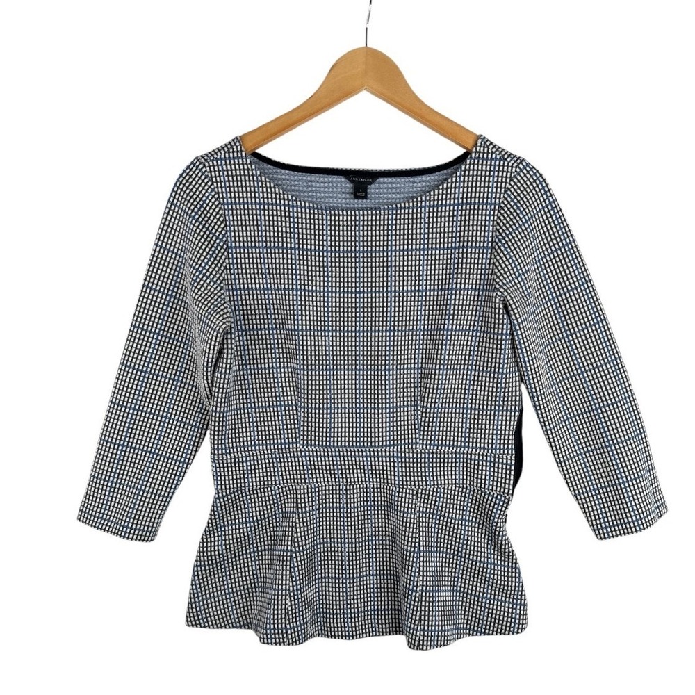 Ann Taylor Womens Checkered Peplum Top Size Small Black Blue 3/4 Sleeve side zip